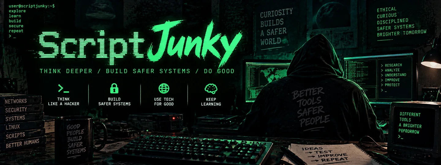 Script Junky’s green terminal-inspired artwork: Think deeper, build safer systems, do good.